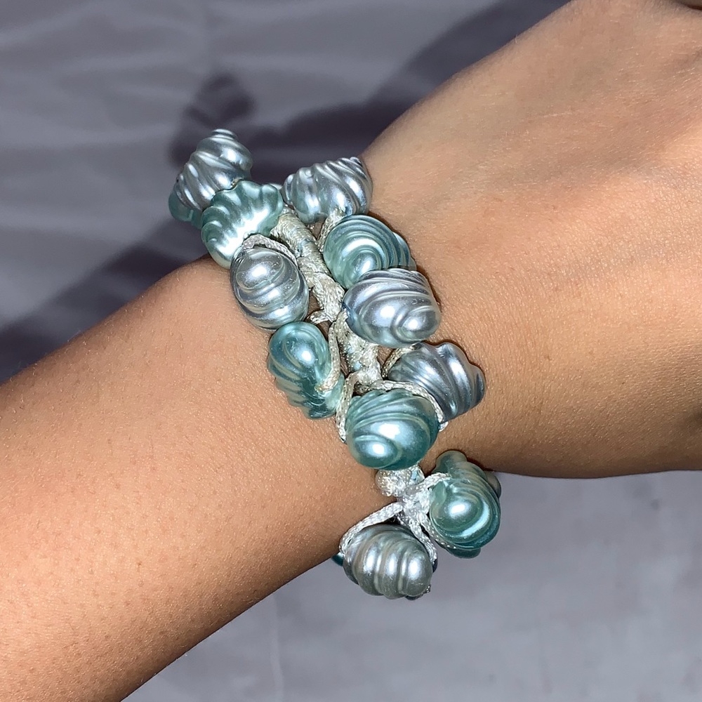 Light blue seashell scrunchie hair tie